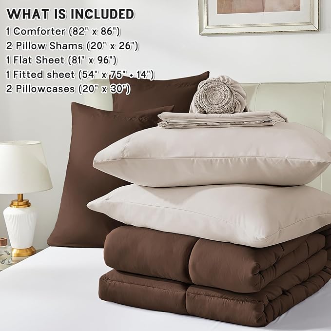 Anluoer Full Comforter Set,Brown&Beige Bed in a Bag 7 Piece,Lightweight Bedding Set with Soft Down Alternative Fill,Bed Set Includes Comforter, Fitted Sheet, Flat Sheet,Pillowcases and Shams