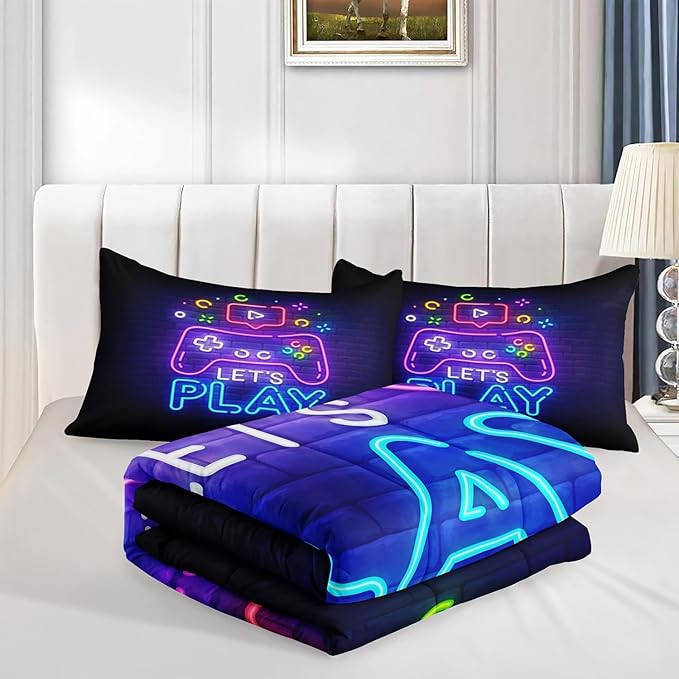 Gaming Comforter Sets,Gaming Bedding Set,Kids Comforter Sets for Boys,Twin Purple Bed Sets for Boys,Bed in A Bag with Sheets(Twin,Purple Color)