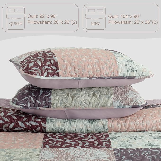 Exclusivo Mezcla Reversible Boho Quilts King Size, Brown Bedspreads Lightweight Coverlet All Season Patchwork Quilt Bedding Set with Printed Floral Pattern (1 Quilt, 2 Pillow Shams)