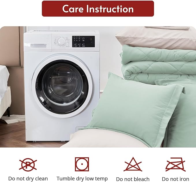 MUXHOMO 7 Pieces Full Comforter Set, Reversible Bed in a Bag Full Size, All Season Bedding Set with Comforter, Flat Sheet, Fitted Sheet, Pillowcases & Shams, Sage Green & Beige