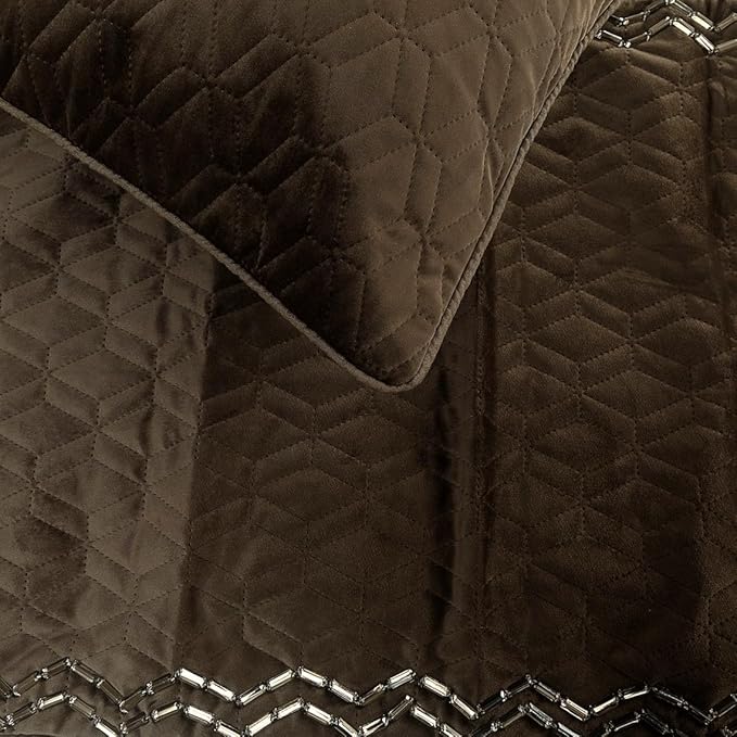 The HomeCentric King Queen Twin Brown Designer King 90"x18" Bed Runner with 2 Pillow Cover, Quilted & Crystals Bed Scarf on Velvet Fabric - Brown Diamond Symphony