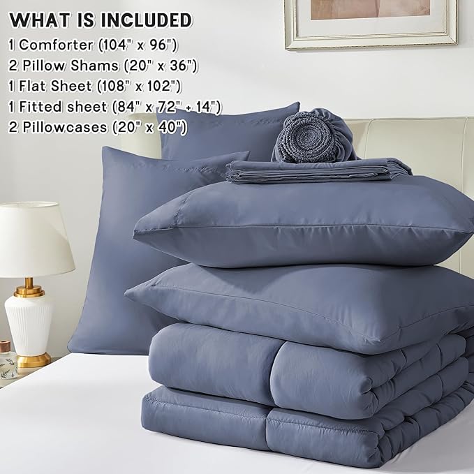 Anluoer California King Size Bed in a Bag 7 Pieces,Grayish Blue Cal King Comforter Set with Sheets,All Season Bedding Sets with Comforter,Pillow Shams,Pillowcases,Flat Sheet,Fitted Sheet