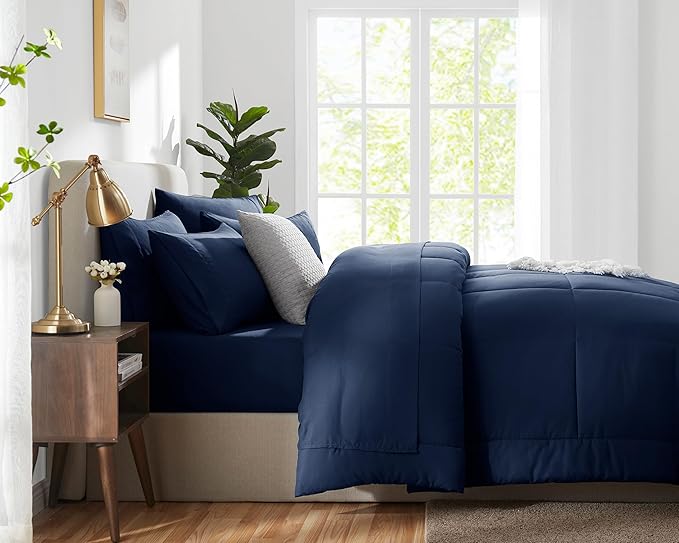 CozyLux Oversized Queen Comforter Sets Navy Blue, 7 Pieces Bed in a Bag, Ultra-Soft All Season Bedding Sets with Stitch Quilted Comforter, Flat Sheet, Fitted Sheet, Pillowcases, Navy Blue