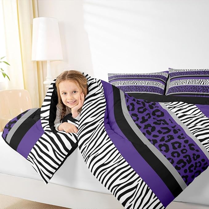 Feelyou Leopard Print Comforter Set Zebra Stripes Bedding Set for Kids Boys Girls Teens Purple Black White Zebra Leopard Fur Comforter Safari Animal Hair Duvet Set Room Decor Quilt King Size Boys