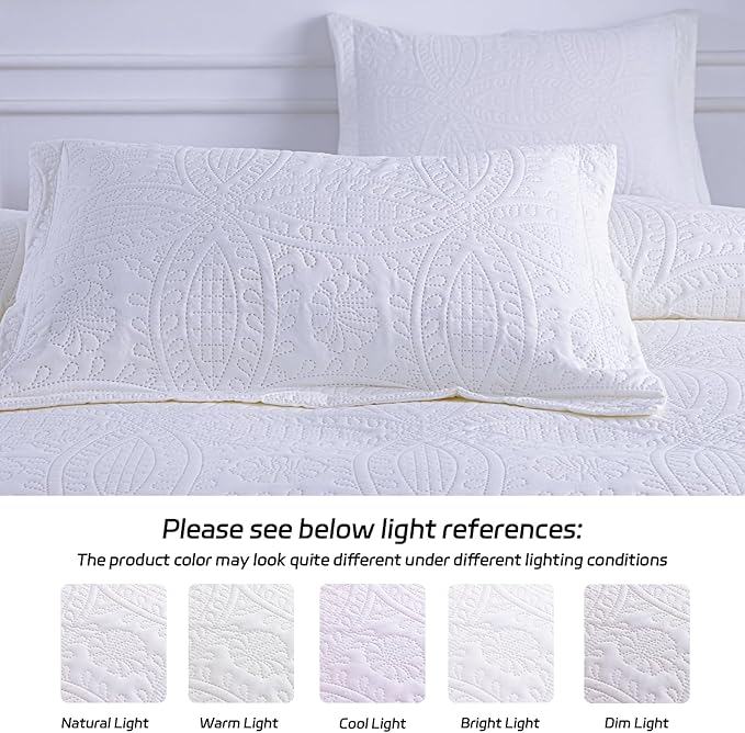 SheRest Queen Quilt Bedding Set - White Soft Breathable Bed Quilts, Modern Style Embossed Bedspreads, Lightweight Microfiber Reversible Coverlet for All Seasons-3 Pieces (1 Quilt,2 Pillow Shams)
