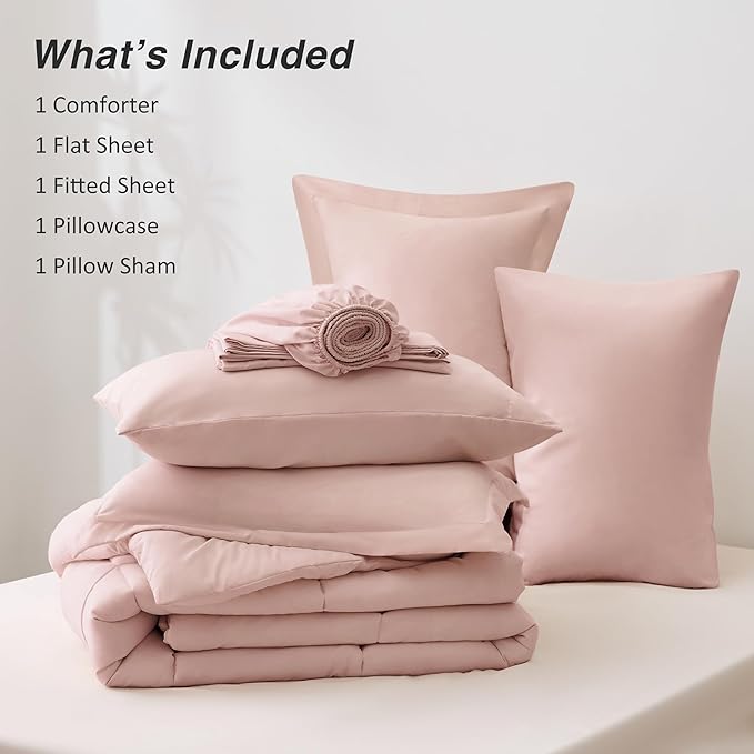 Love's cabin Twin Comforter Set Blush Pink, 5 Pieces Twin Bed in a Bag, All Season Bedding Sets with 1 Comforter, 1 Flat Sheet, 1 Fitted Sheet, 1 Pillowcase and 1 Pillow Sham