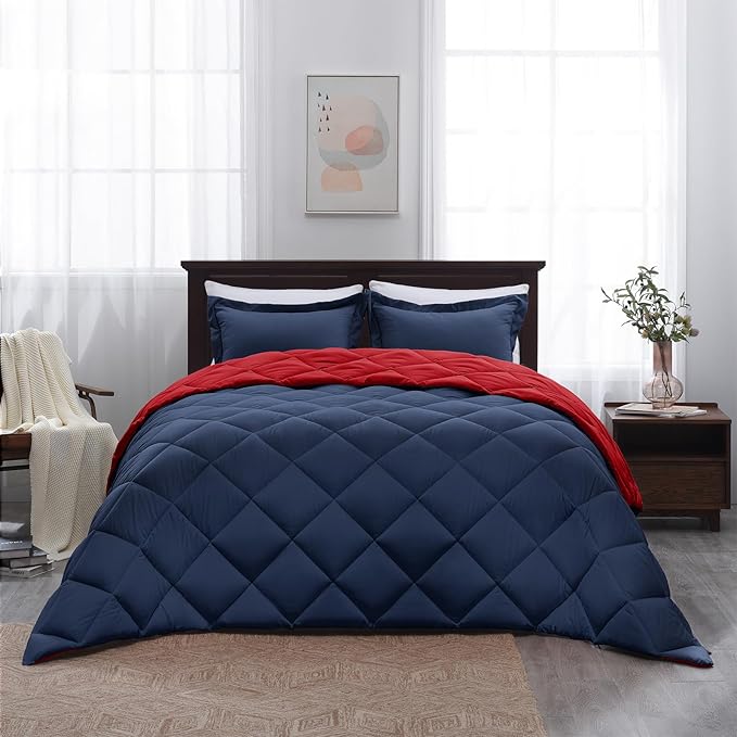 Basic Beyond California King Comforter Set, Navy and Red Comforter Set California King for All Seasons, 1 Comforter 104"x96" and 2 Pillow Shams 20"x36"+2"