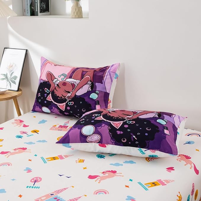 A Nice Night Purple Comforter Sets,Black Girl Listening Music Printed, 6Pcs Bed in A Bag Full Size All Seasons Bedding Set,for Kids, Girls
