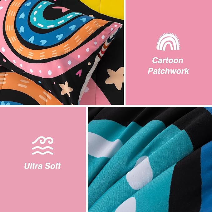 A Nice Night Bedding 6 Pcs Cartoon Rainbow Bedding Set with Smile Moon Printed for Boys Girls Bed Comforter Sets (Black, Full)