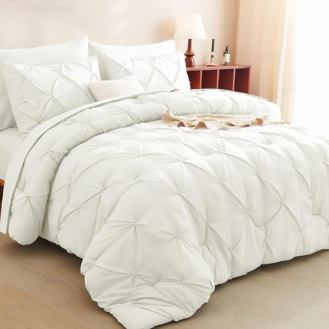King Comforter Set Ivory, 7 Pieces Pintuck Bed in A Bag King Size Bedding, Soft Bed Set All Season Pinch Pleat Comforter Set with Sheets, Pillowcases & Shams