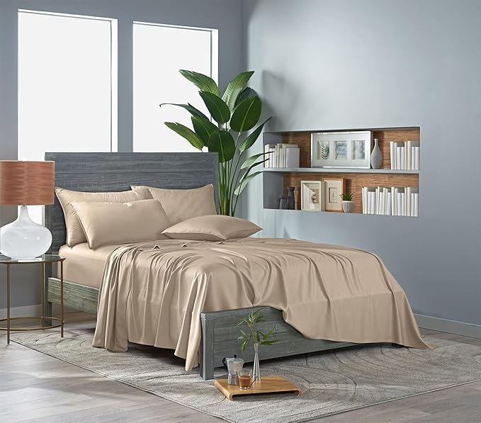Pure Bamboo King Sheets, Genuine 100% Organic Viscose Derived from Bamboo Bed Sheet Set, Luxuriously Soft & Cooling, Double Stitching, 2 Year Quality Promise (King, Almond)