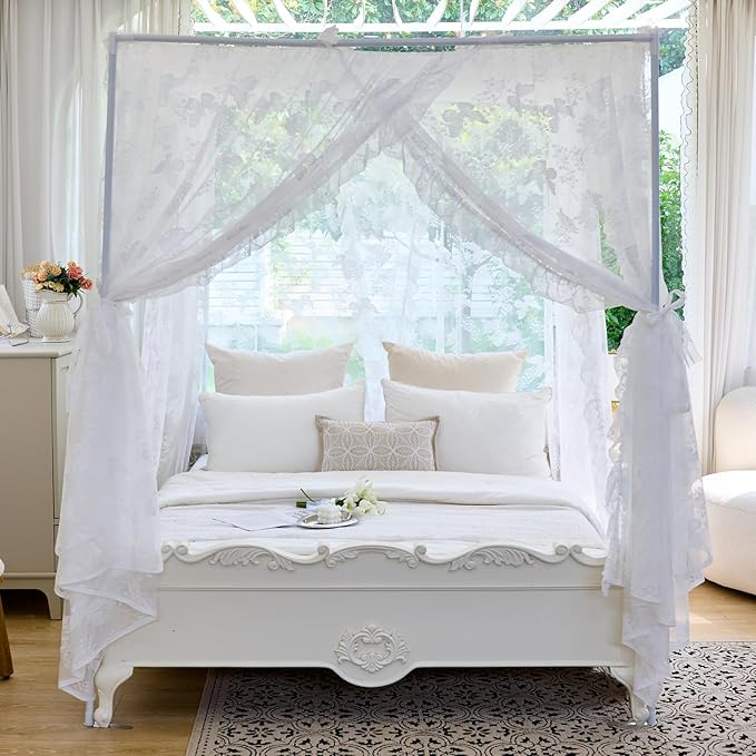 AIKASY Elegant Lace Princess 4-Poster Bed Canopy Mosquito Net - Romantic Wedding Bridal Bedroom Decor, Kids Room Bed Curtain for Women Adults - (White-4,King)
