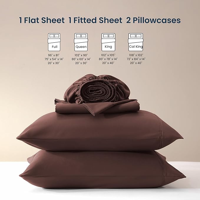 SLEEP ZONE Nanotex Super Soft Cooling Full Size Bed Sheets Set 4 Piece - Easy Care Fitted Flat Sheet & Pillowcase Sets - Wrinkle Free, Fade Resistant, Deep Pocket 16" (Brown, Full)