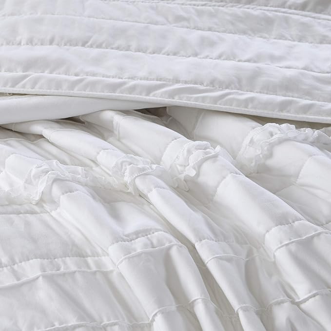 Madison Park Celeste Quilt Modern Classic Design All Season, Breathable Coverlet Lightweight Bedding Set, Matching Shams, Decorative Pillow, Full/Queen(90"x90"), Ruffle White 4 Piece