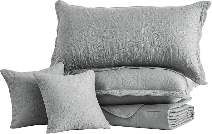 Oversized King Bedspread, Ultrasonic Lightweight Bedding Cover, Paisley Pattern, Reversible, 5 Piece, 100% Microfiber, Grey