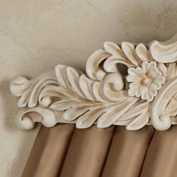 Izabella Traditional Wall Teester | Neutral Antique Ivory Finish | Royal Bed Crown Creates a Lavish Canopy with your Window Curtain Panels or Sheer Drapery | Classic Scrollwork and Medallion Design