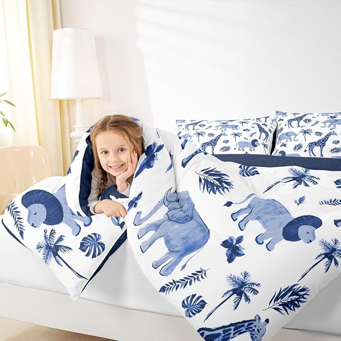 Feelyou Jungle Animals Comforter Toddler Size Elephant Lion Giraffe Animal Bedding Sets African Safari Animal Comforter Set for Kids Boys Girls Hunter Blue Rust Wildlife Down Comforter