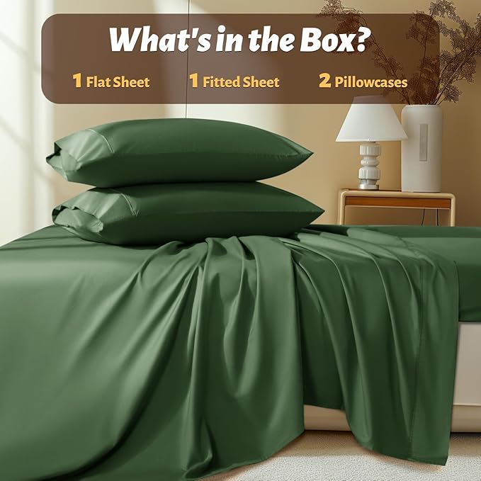 Shilucheng 100% Egyptian Cotton Queen Size Sheets Set - 1000 Thread Count,Luxury Cotton Bed Sheets,Breathable & Cooling Bedding and Pillow Cases, 16 Inch Deep Pocket - 4 Piece(Olive Green,Queen)