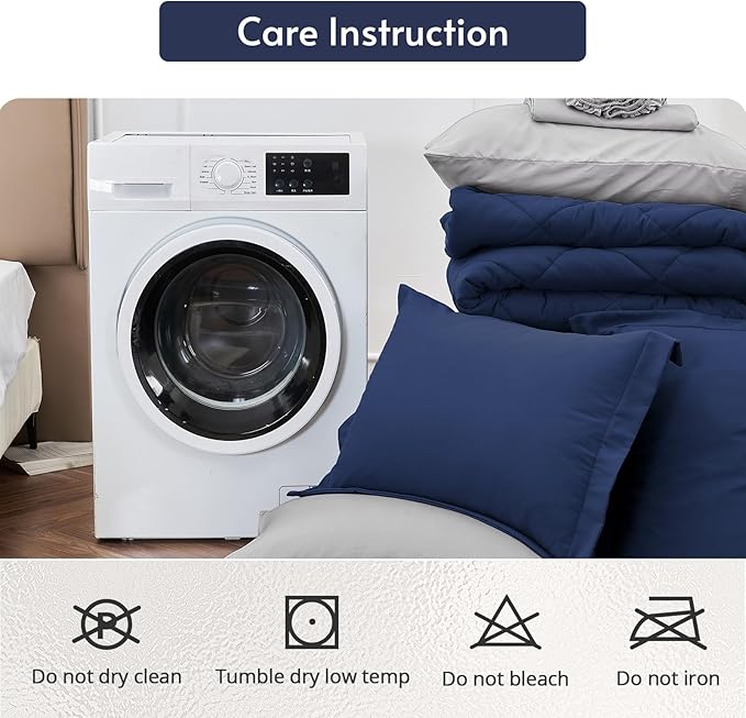 MUXHOMO 7 Pieces Oversized Queen Comforter Set, Reversible Bed in a Bag Oversized Queen Size, All Season Bedding Set with Comforter, Flat Sheet, Fitted Sheet, Pillowcases & Shams, Navy & Light Grey
