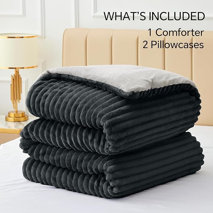 BEDELITE Fleece King Comforter Set -Super Soft & Warm Fluffy Black Bedding, Luxury Fuzzy Heavy Bed Set for Winter with 2 Pillow Cases