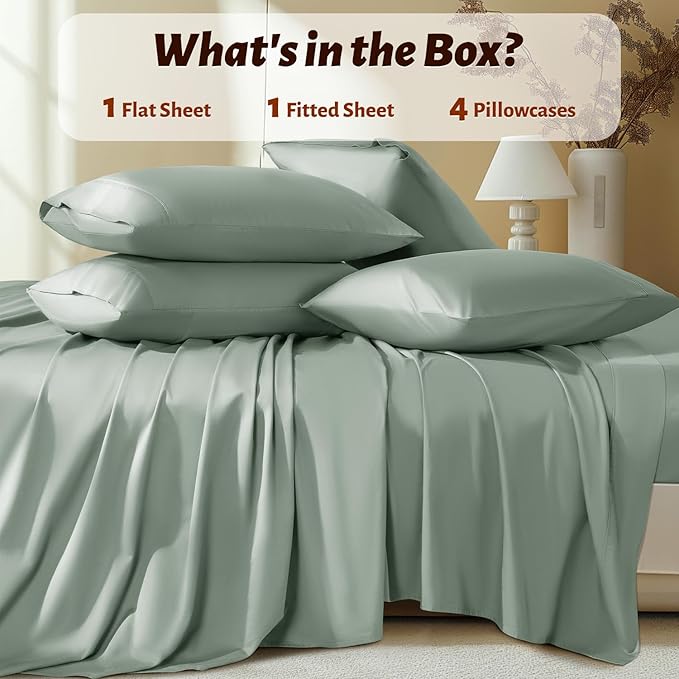 Shilucheng 100% Egyptian Cotton Queen Size Sheets Set - 1000 Thread Count,Luxury Cotton Bed Sheets,Breathable & Cooling Bedding and Pillow Cases, 16 Inch Deep Pocket - 6 Piece (Sea Glass, Queen)