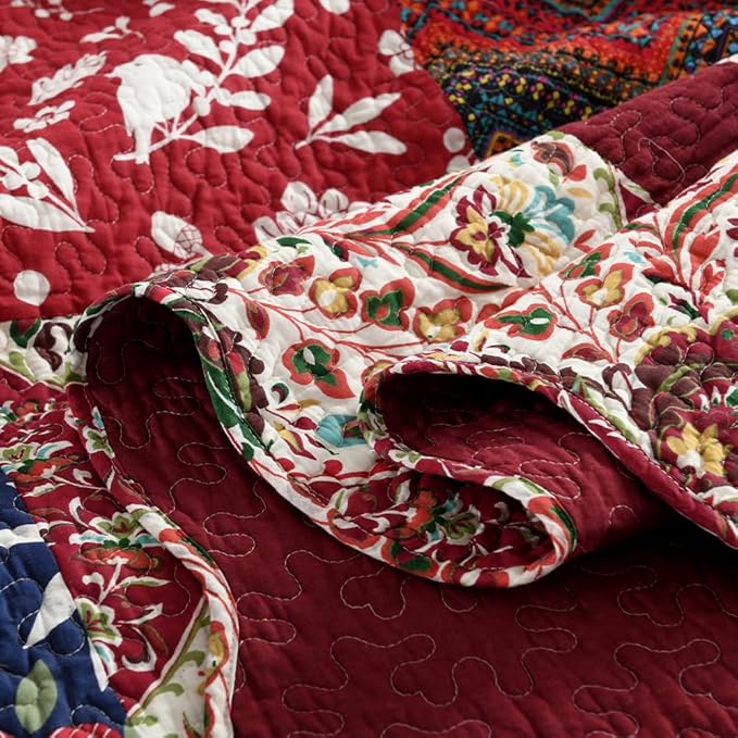 ENASAL Cotton Bedspread Quilt Sets Reversible Bedding Coverlet Sets Comforters Vintage Luxury Damask Floral Real Patchwork Burgundy Bedspread,King Size | Breathable material, Cotton soft durable, Reversible, Jacquard stitching, Machine waschable