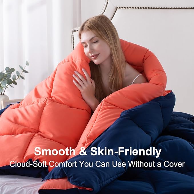 KASENTEX Queen Comforter Set – Reversible Dual Color – Goose Down Alternative – Ultra-Soft, Lightweight, Machine Washable, Maintain Fluffiness, All Season Warmth (Navy/Coral)