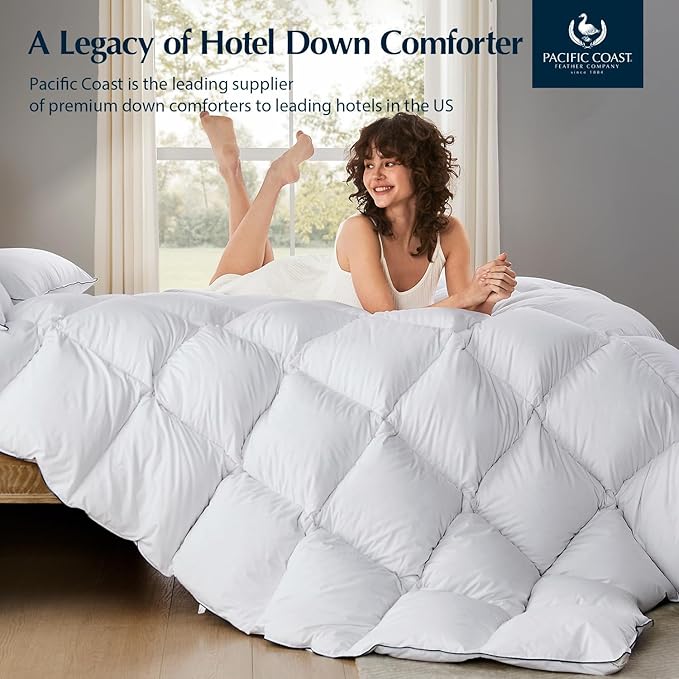 Pacific Coast Luxury White Goose Feather and Down Fiber Comforter Twin Size, All Season Fluffy Hotel Bedding Comforters, Ultra-Soft & Breathable Fabric Duvet Insert Twin with 8 Tabs, 68x90 Inch White