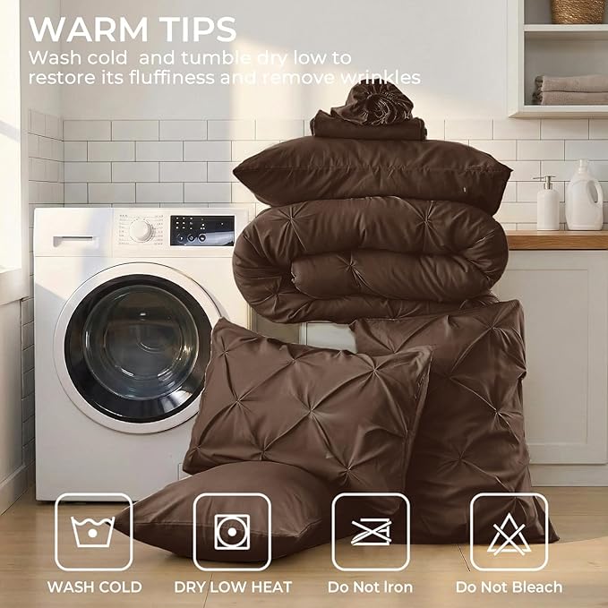 Sasttie Full Size Comforter Set, 7-Piece Bed in a Bag Double, Pintuck Bedding Set for All Season, Includes Comforter, Flat Sheet, Fitted Sheet, Pillowcases and Pillowshams, Dark Brown
