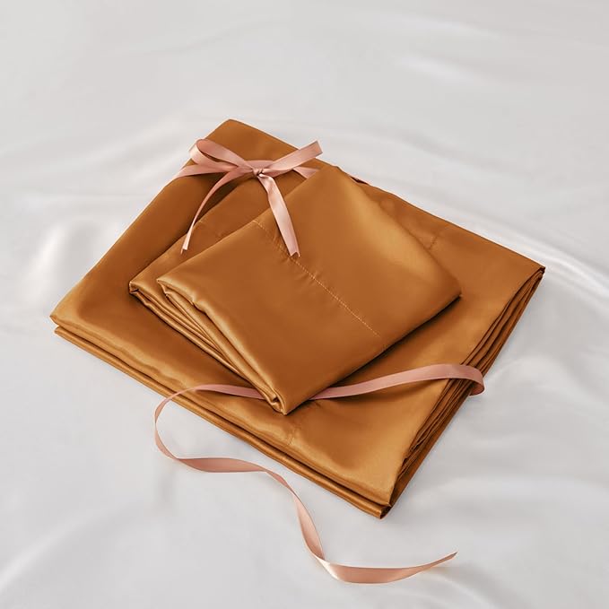 BEDELITE California King Sheets Set, Luxury Soft Burnt Orange Satin Sheets for Hair and Skin, Similar to Silk Bed Sheets Set 4 Pieces with 1 Deep Pocket Fitted Sheet, 1 Flat Sheet, and 2 Pillowcases