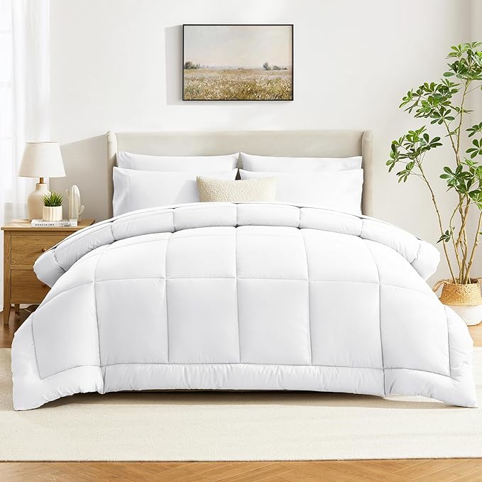 CozyLux Twin XL Comforter Set White, 5 Pieces Twin Extra Long Bed in a Bag for College Dorm, All Season Bedding Set with Stitch Quilted Comforter, Flat Sheet, Fitted Sheet, Pillowcases