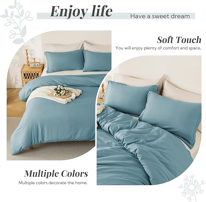 MILDLY Super Soft Duvet Cover - 100% Washed Microfiber Grayish Blue Comforter Cover Set 3 Pieces with Zipper Closure & Corner Ties (No Comforter)