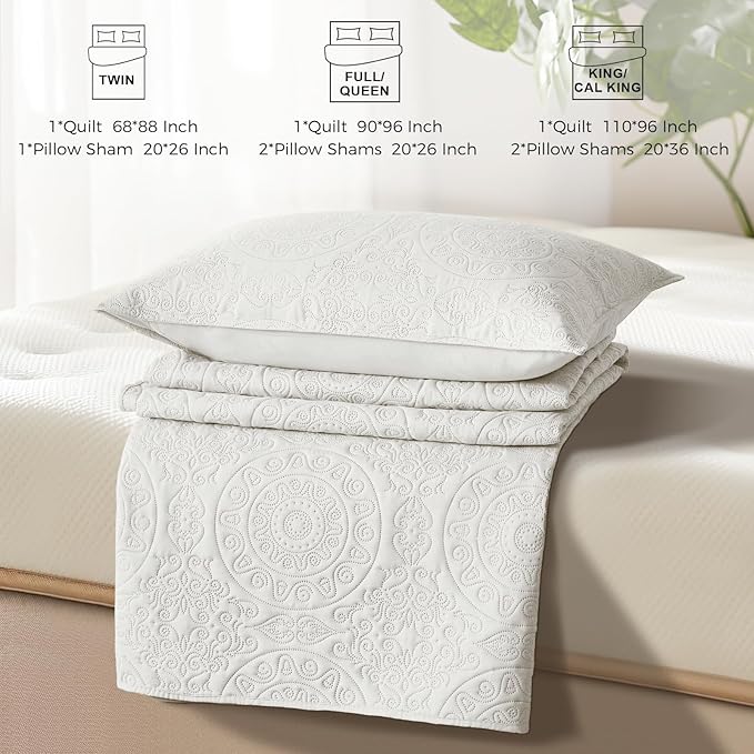 WURUIBO Cream White Quilt Set King/Cal King Size, Embossing Microfiber Bedspreads with Pillow Sham, Ligthweight Breathable Thin Coverlet, Reversible Bedding Set for All Season (1 Quilt,2 Pillow Shams)