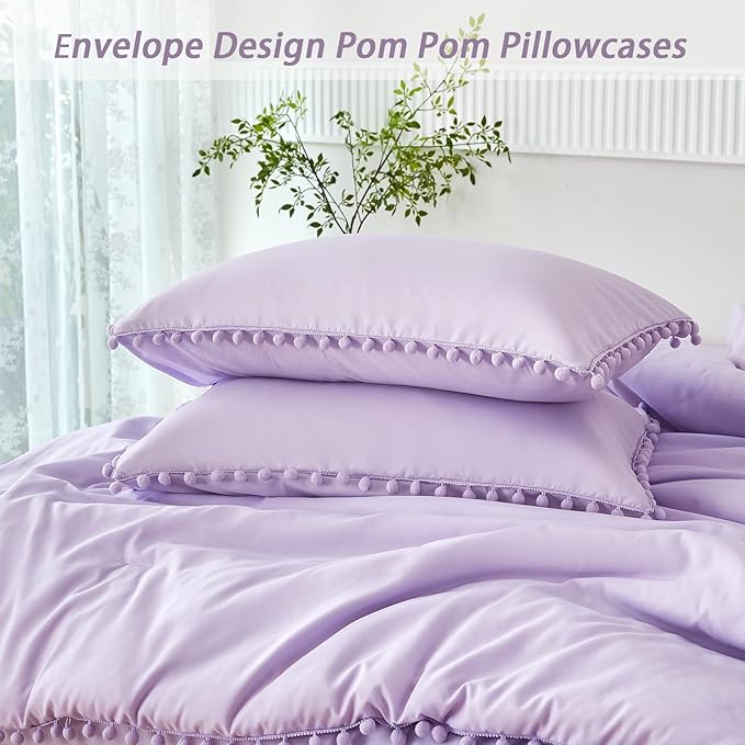PERFEMET 5 Pieces Lavender Purple Comforter Set Twin Aesthetic Boho Solid Bed Comforter Sheet Set with Pompoms Soft Microfiber Light Purple Bed in A Bag for Girls Kids(Lavender, Twin)