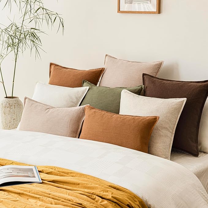 Foindtower Pack of 2, Decorative Linen Soild Throw Pillow Covers Soft Accent Cushion Case Boho Farmhouse Neutral Pillowcase for Couch Sofa Bedroom Living Room Home Decor 16 x 16 Inch Reddish Brown