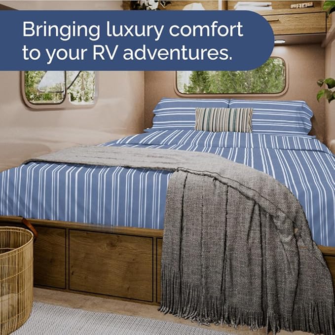 Short Queen Size 4 Piece Sheet Set - RV Short Queen, Soft, Breathable & Cooling Bed Sheets Set w/ Deep Pockets - Hotel Luxury Bedding for Women, Men, Kids, Teens, Boys & Girls, Oeko-Tex - Blue Stripes