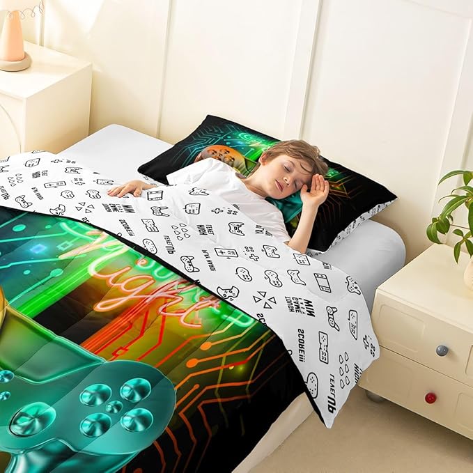 Feelyou Gamer Comforter Kids Gaming Video Game Comforter Set for Boys Teens Noverlty Modern Gamepad Bedding Set Breathable Gamer Console Bedding Duvet Set Bright Orange Green Room Decor Queen Size