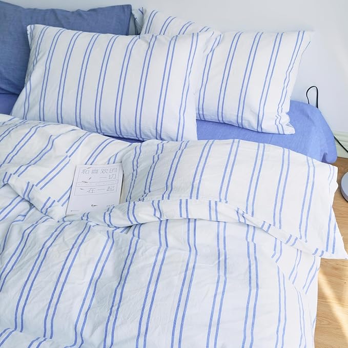 LifeTB Striped Duvet Cover Set Queen, 3 Pieces Blue Stripes Pattern Printed Comforter Cover, 100% Washed Cotton Retro Striped Bedding Set, Comfy Soft Cotton Breathable Duvet Cover Queen Size