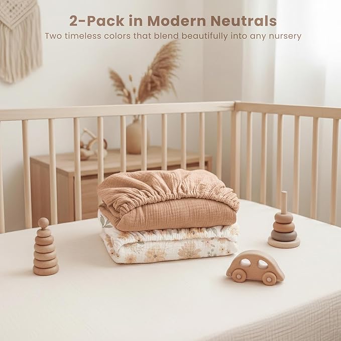 Konssy Muslin Crib Sheets 2 PCS 100% Cotton Baby Crib Sheets for Standard Crib Mattress (28" x 52"), Soft and Breathable for Boys, Girls (Toffee, Flourish)