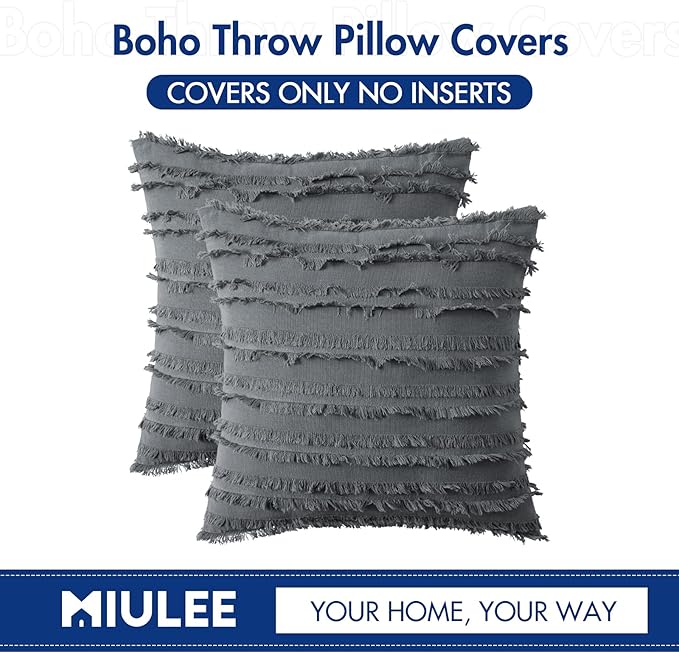MIULEE Set of 2 Decorative Boho Throw Pillow Covers Linen Striped Jacquard Pattern Cushion Covers for Sofa Couch Living Room Bedroom 20x20 Inch Dark Grey