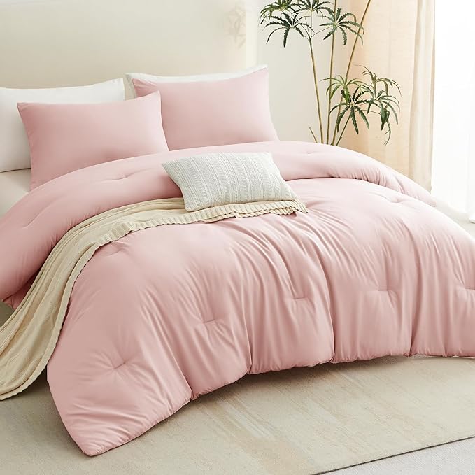 CozyLux Blush Pink King Size Comforter Set for Girls, 3 Pieces Women Solid Breathable Quilted Bedding Sets, Luxury Soft Bed Set with Down Alternative Comforter All Season (1 Comforter & 2 Pillowcases)