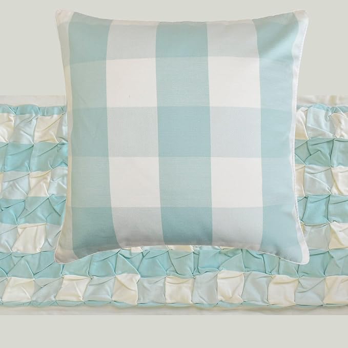 The HomeCentric King/Queen/Twin Aqua Decorative Bed Runner King 90"x18" Bed Runner with Two Pillow Cover, Checkered, Buffalo Plaid, Check Bed Scarf on Cotton Fabric - Aqua Plaid Knots