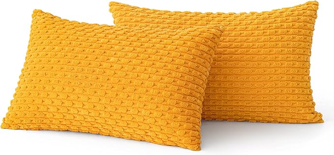 MIULEE Pack of 2 Decorative Lumbar Throw Pillow Covers 12x20 Inch Soft Boho Striped Textured Corduroy Pillow Covers Modern Farmhouse Home Decor for Couch Bed Sofa Living Room Golden Yellow