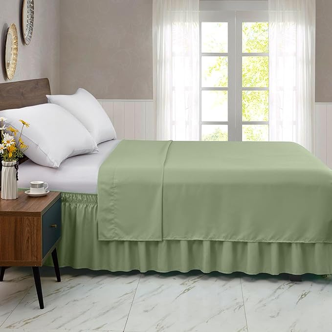 FreshCulture Elastic Wrap Around Bed Skirt - Easy Fit with 15-Inch Tailored Drop, Hotel Quality Dust Ruffle for Full Size Bed (Sage Green)