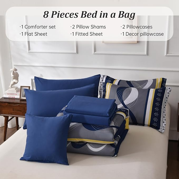 Anibedding Striped Comforter Set Queen Size,8 Pieces Bed in a Bag Navy Blue Yellow Patchwork Bedding Sets,Boho Soft Microfiber Bedding Set for All Season(90"×90")