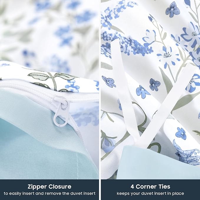 Wake In Cloud - Floral Duvet Cover Set, Shabby Chic Cottage Garden Botanical Flower Style with Elegant Wildflower Pattern, Soft Lightweight Bedding, 3 Pieces, Blue White, Full Size