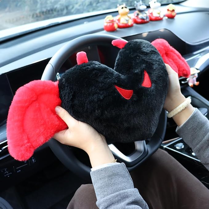 Sexysamba 2 Pcs Heart Shaped Car Headrest Pillow Devil & Angel Wings Neck Pillow Cute Car Seat Decor Neck Support Cushions for Travel Sleeping, Driving, Home, Office, Black Devil
