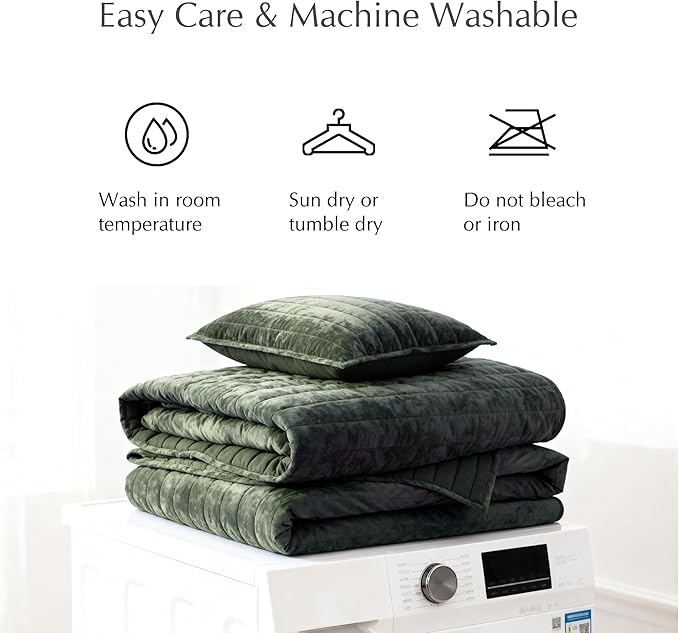 WRENSONGE Velvet Queen Quilt Set-3 Pieces Olive Green Luxurious Striped Channel Velvet Comforter with 2 Shams, Soft Bedspread Coverlet Quilted Bedding Set for All Season