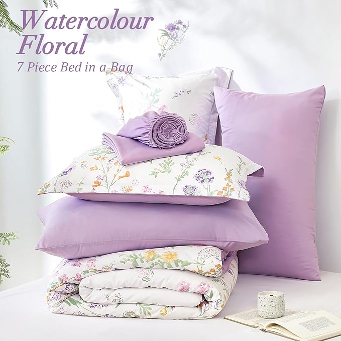 Yiran Floral Comforter Set King Size, Purple 7 Piece Cute Flower Comforters Bed in a Bag Lavender, Soft Microfiber Complete Aesthetic Botanical Bedding Set with Sheets for Women Girls