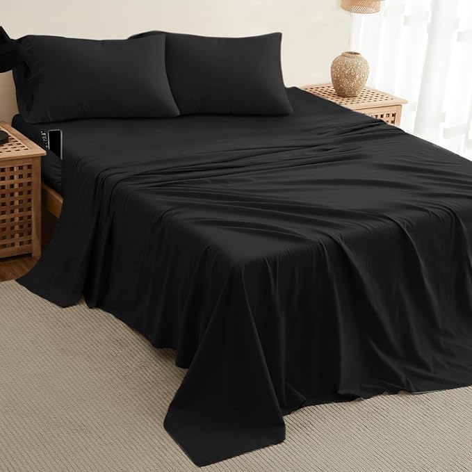 DREAMCARE California King Sheet Sets - Cooling Bed Sheets - 4pcs Set - up to 15" Deep Pocket Cal King Sheets - California King Sheets - Soft & Lasting 100% Brushed Polyester with Side Pocket - Black